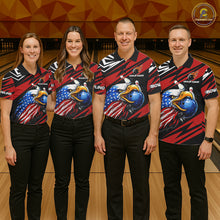 Load image into Gallery viewer, Custom Black and Red Camo American Flag Eagle Bowling shirts for men, patriotic bowling team shirts NQS11609