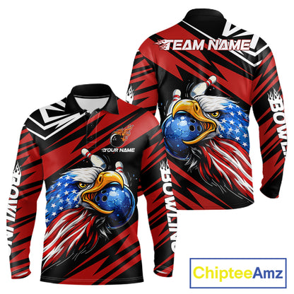 Custom Black and Red Camo American Flag Eagle Bowling shirts for men, patriotic bowling team shirts NQS11609