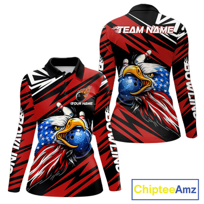 Custom Black and Red Camo American Flag Eagle Bowling shirts for Women, patriotic bowling team shirts NQS11609