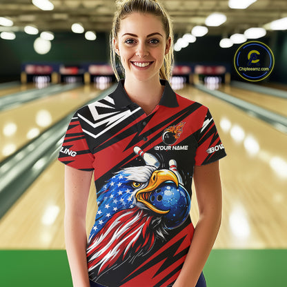 Custom Black and Red Camo American Flag Eagle Bowling shirts for Women, patriotic bowling team shirts NQS11609