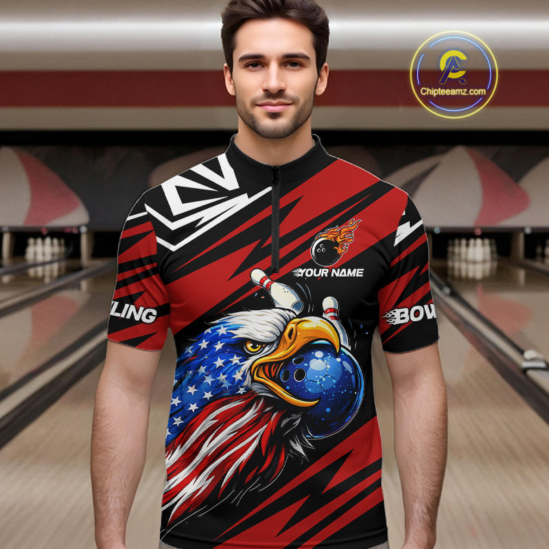 Custom Black and Red Camo American Flag Eagle Bowling shirts for men, patriotic bowling team shirts NQS11609