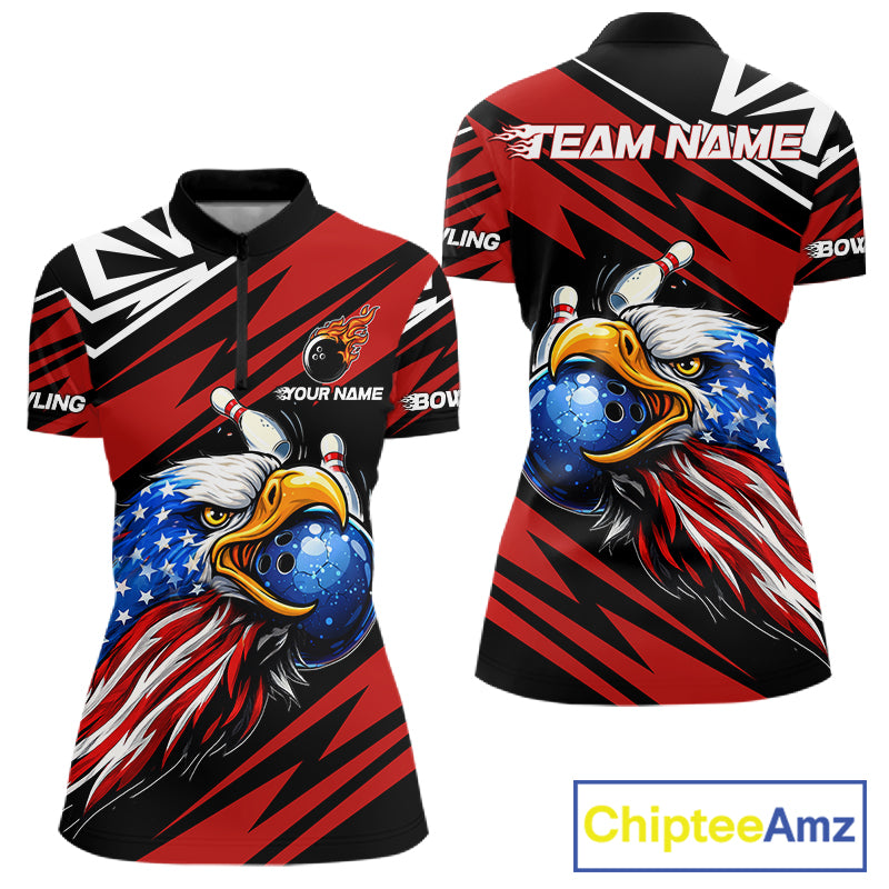 Custom Black and Red Camo American Flag Eagle Bowling shirts for Women, patriotic bowling team shirts NQS11609