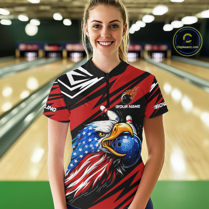 Custom Black and Red Camo American Flag Eagle Bowling shirts for Women, patriotic bowling team shirts NQS11609