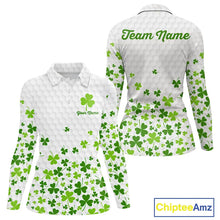 Load image into Gallery viewer, Custom Green shamrock pattern White Golf Polo shirts for Women, St Patrick's day ladies golf shirts NQS11610