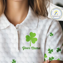 Load image into Gallery viewer, Custom Green shamrock pattern White Golf Polo shirts for Women, St Patrick's day ladies golf shirts NQS11610