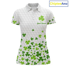 Load image into Gallery viewer, Custom Green shamrock pattern White Golf Polo shirts for Women, St Patrick's day ladies golf shirts NQS11610