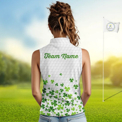 Custom Green shamrock pattern White Sleeveless Golf Polo shirt, St Patrick's day ladies golf shirts NQS11610