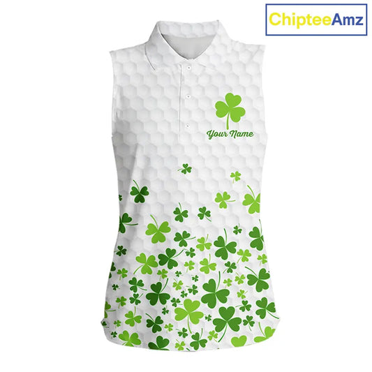 Custom Green shamrock pattern White Sleeveless Golf Polo shirt, St Patrick's day ladies golf shirts NQS11610