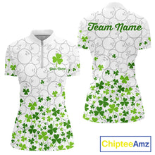 Load image into Gallery viewer, Custom Green shamrock pattern White Camo Bowling shirts for Women St Patrick's day team bowling shirt NQS11611
