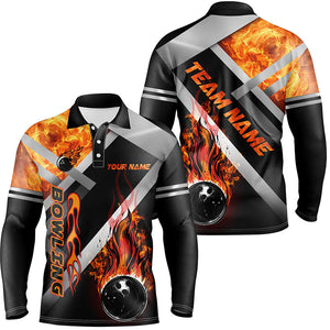 Mens bowling polo shirts Custom Black bowling ball Flame Bowling Team League Jerseys, gift for Bowlers NQS7432