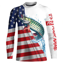 Load image into Gallery viewer, American flag patriotic Musky fishing Custom Name UV Protection long sleeve Fishing Shirts for men NQS5416