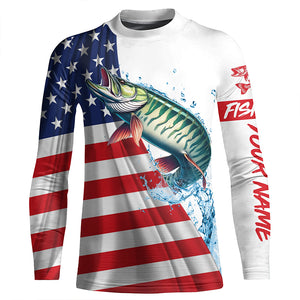 American flag patriotic Musky fishing Custom Name UV Protection long sleeve Fishing Shirts for men NQS5416