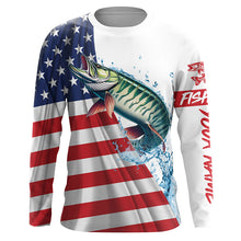 Load image into Gallery viewer, American flag patriotic Musky fishing Custom Name UV Protection long sleeve Fishing Shirts for men NQS5416