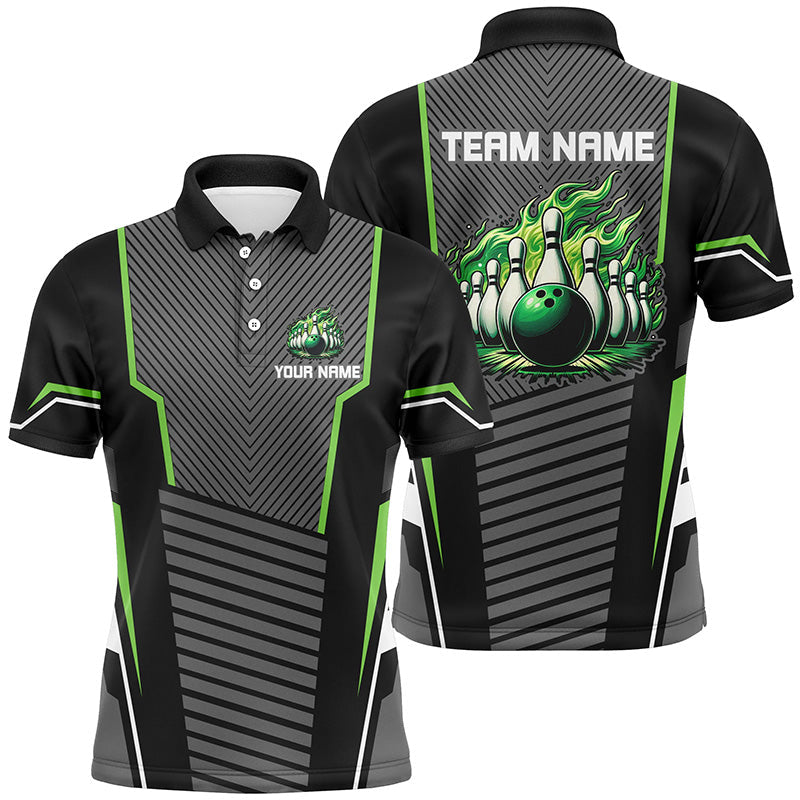 Green flame Bowling Polo, 1/4 Zip Shirt for Men Custom Black Bowling Team Jerseys gift for bowlers NQS7590