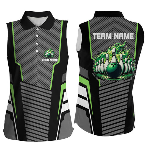 Green flame Bowling Sleeveless Polo Shirt Custom Black Bowling Team Jerseys gift for bowlers NQS7590