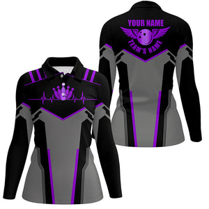 Bowling shirts for women custom name and team name Bowling Ball and Pins, team bowling shirts | Purple NQS7768