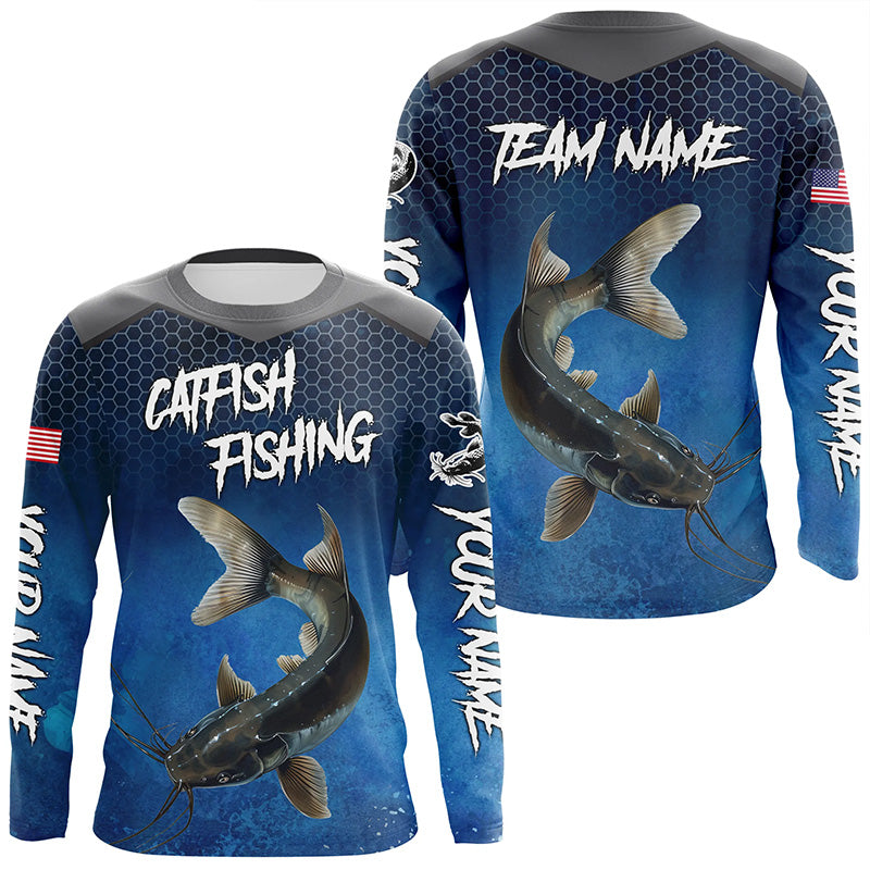 Blue camo Catfish fishing Custom performance long sleeve team Catfish fishing tournament shirts NQS7775