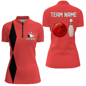 Personalized Retro Women Bowling Polo, Quarter Zip Shirts custom vintage bowling team jersey | Red NQS8004