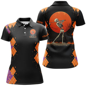 Funny Skull Halloween argyle pattern black Women golf polo shirt custom Halloween golf clothes NQS8651