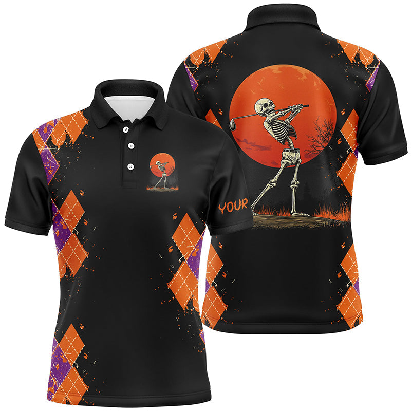 Funny Skull Halloween argyle pattern black Mens golf polo shirt custom Halloween golf clothes NQS8651