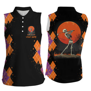 Funny Skull Halloween argyle pattern black Women sleeveless polo shirts custom Halloween golf clothes NQS8651