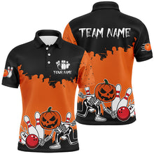 Load image into Gallery viewer, Black and Orange Funny Pumpkin Skull Bowling Shirts For Men Custom Halloween Team Bowling Jerseys NQS8656