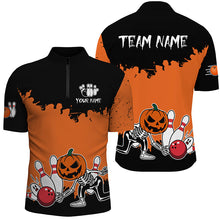 Load image into Gallery viewer, Black and Orange Funny Pumpkin Skull Bowling Shirts For Men Custom Halloween Team Bowling Jerseys NQS8656