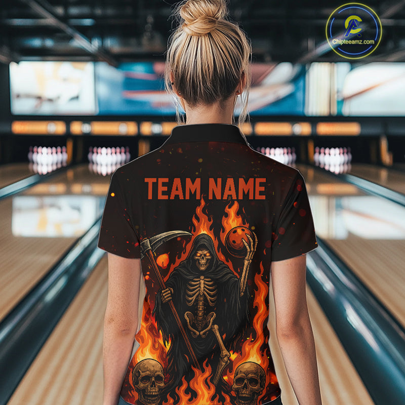 Black And Orange Flame Reaper Skull Custom Halloween Bowling Team Shirts For Women, Bowling Gifts NQS10835