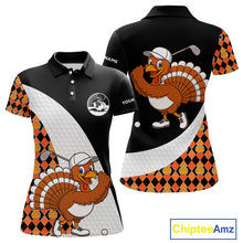 Load image into Gallery viewer, Golf Turkey Thanksgiving Women Polo Shirt Orange Pumpkin argyle pattern Custom Golf outfit For Ladies NQS10839