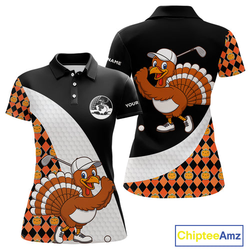 Golf Turkey Thanksgiving Women Polo Shirt Orange Pumpkin argyle pattern Custom Golf outfit For Ladies NQS10839
