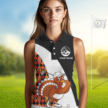 Load image into Gallery viewer, Golf Turkey Thanksgiving Sleeveless Polo Shirt Orange Pumpkin argyle pattern Custom Golf outfit NQS10839