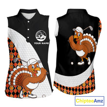 Load image into Gallery viewer, Golf Turkey Thanksgiving Sleeveless Polo Shirt Orange Pumpkin argyle pattern Custom Golf outfit NQS10839