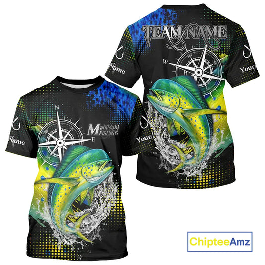 Personalized Black and Green Mahi Mahi fishing scales compass Performance long sleeve Fishing Shirts NQS11216