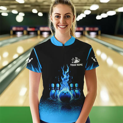 Black and Blue Flame Bowling Polo, Quarter Zip shirts for Women Custom Bowling Team League Jerseys NQS9345