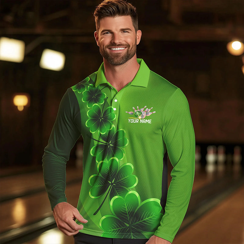 Green shamrock Lucky Bowling Polo, 1/4 Zip Shirt for Men Custom St Patrick Day Bowling Team Jerseys NQS9486