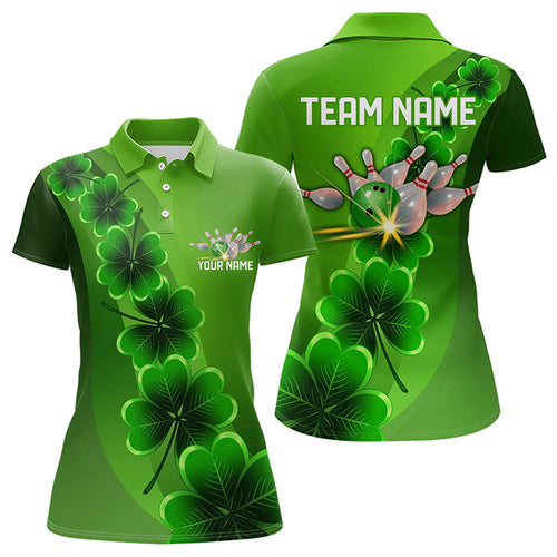 Green shamrock Lucky Bowling Polo, 1/4 Zip Shirt for Women Custom St Patrick Day Bowling Team Jerseys NQS9486
