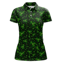 Load image into Gallery viewer, Black and Green shamrock pattern Lucky Women polo golf shirts Custom St Patrick Day team golf apparel NQS9648