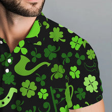 Load image into Gallery viewer, Green shamrock St Patrick Day pattern Lucky polo golf shirts for men Custom St Patrick golf attire NQS9649