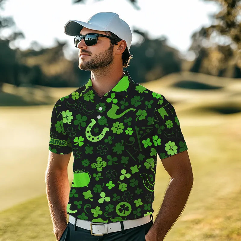 Green shamrock St Patrick Day pattern Lucky polo golf shirts for men Custom St Patrick golf attire NQS9649