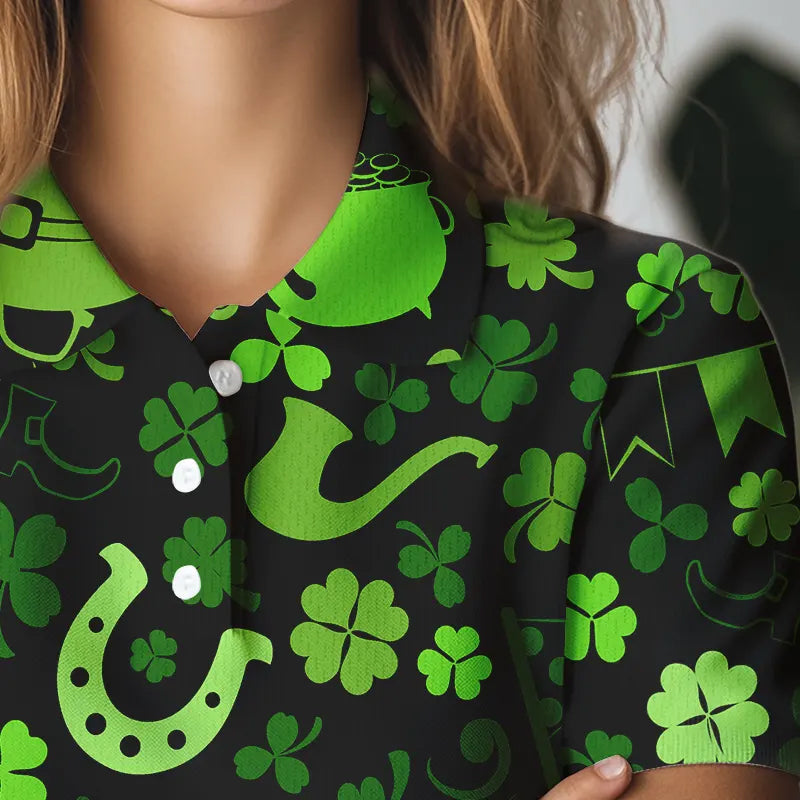 Green shamrock St Patrick Day pattern Lucky polo golf shirts for Women Custom St Patrick golf attire NQS9649