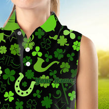 Load image into Gallery viewer, Green shamrock St Patrick Day pattern Lucky sleeveless polo golf shirts Custom St Patrick golf attire NQS9649