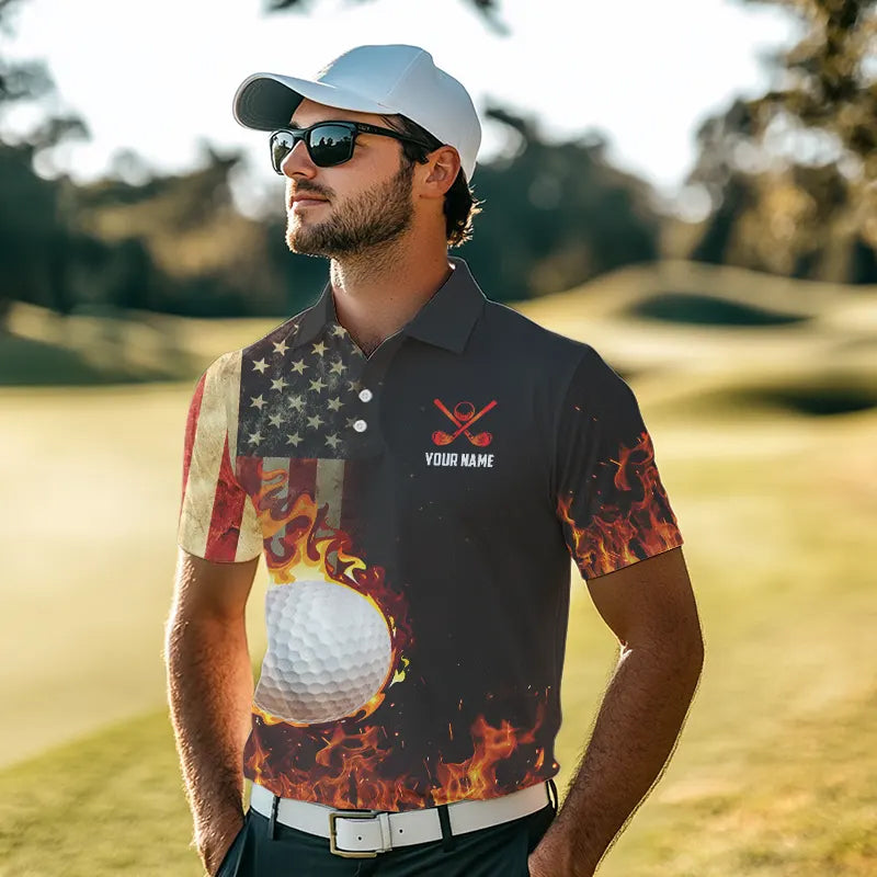 Flame Golf ball vintage American Flag Golf polo shirts for men Custom patriotic mens golf attire NQS9650