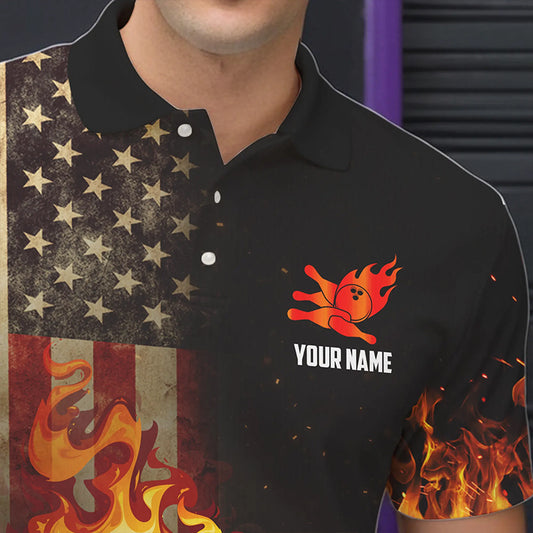Vintage American Flag Flame Bowling Shirts For Men Custom Patriotic Mens Bowling Team Jersey NQS9651
