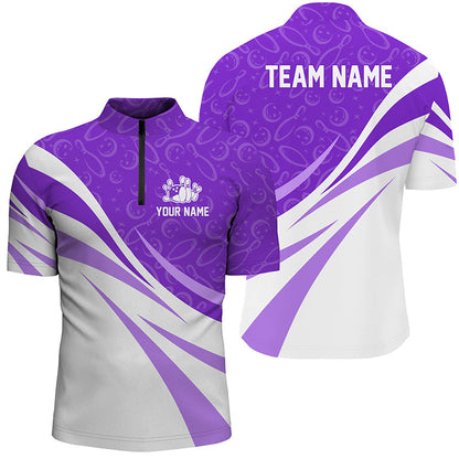 White and purple camo Men bowling Polo, Quarter Zip shirt Custom Team bowling jersey, gift for bowlers NQS8010
