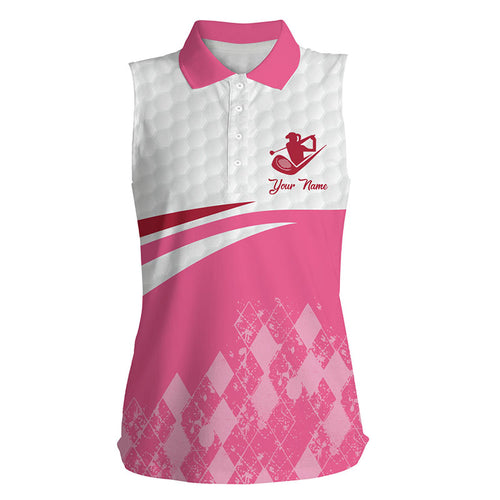 Pink argyle pattern white Womens sleeveless polo shirt custom golf clothes for women, golfing gifts NQS6109