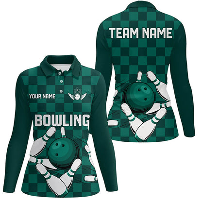 Green checkered Women Bowling Polo, 1/4 Zip Shirt Custom team bowling jerseys, Ladies bowling outfits NQS8436