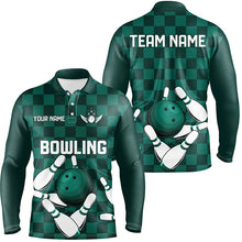 Load image into Gallery viewer, Green checkered Men Bowling Polo, Quarter Zip Shirt Custom team bowling jerseys, mens bowling outfits NQS8436