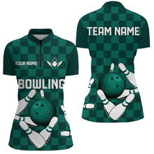 Load image into Gallery viewer, Green checkered Women Bowling Polo, 1/4 Zip Shirt Custom team bowling jerseys, Ladies bowling outfits NQS8436