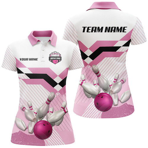 Pink and White Bowling ball and pins Bowling Jerseys For Women Custom Bowling Team Shirts Outfit NQS8668