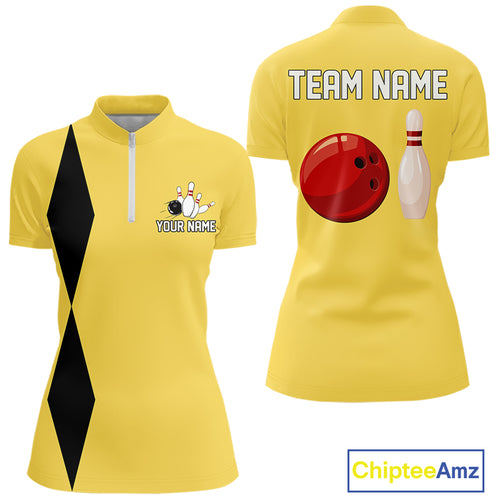Personalized Retro Bowling Polo, 1/4 Zip Shirt For Women custom vintage bowling team jersey | Yellow NQS11013